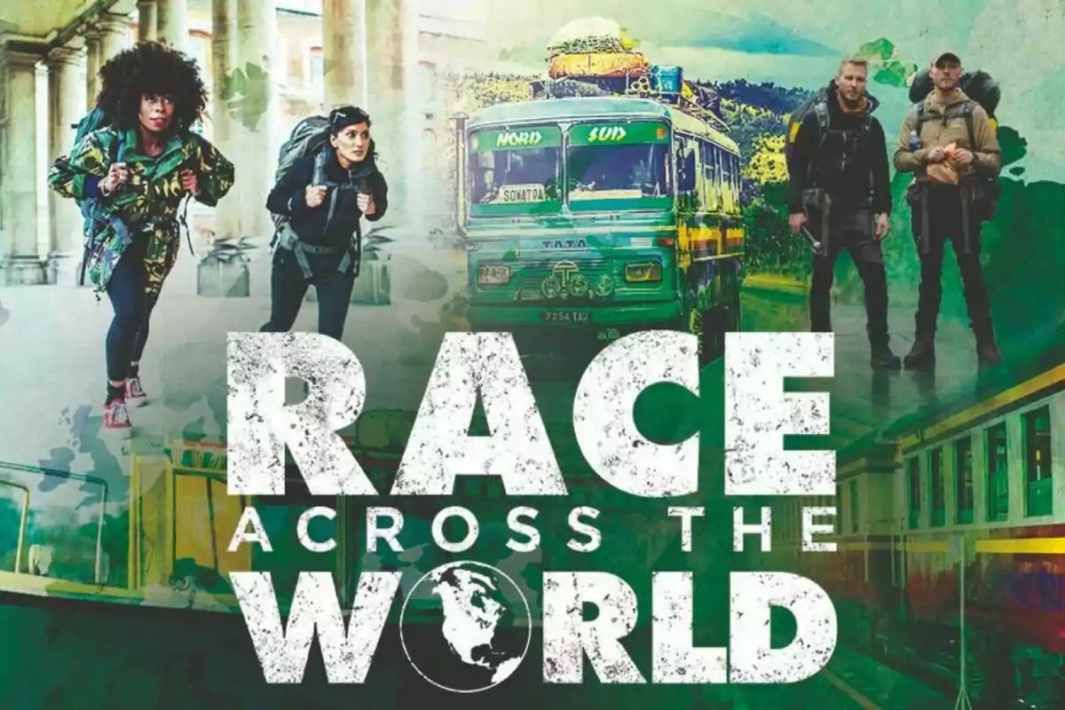 Cartel promocional de un programa de competencia de viajes donde aparecen dos equipos de personas con mochilas, un autobús colorido y un tren, con el texto Race Across the World en letras grandes y blancas.