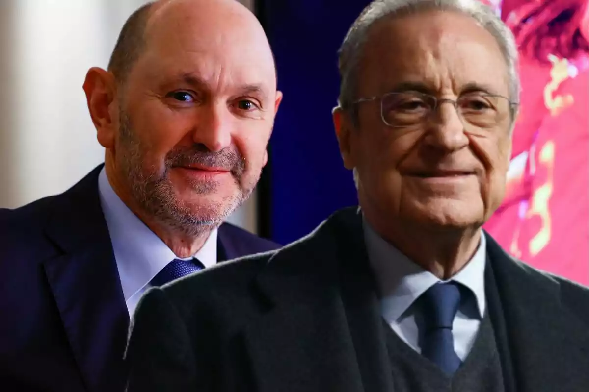 Dos hombres mayores con trajes oscuros posan juntos frente a un fondo colorido. Dos hombres mayores con trajes oscuros posan juntos frente a un fondo colorido.