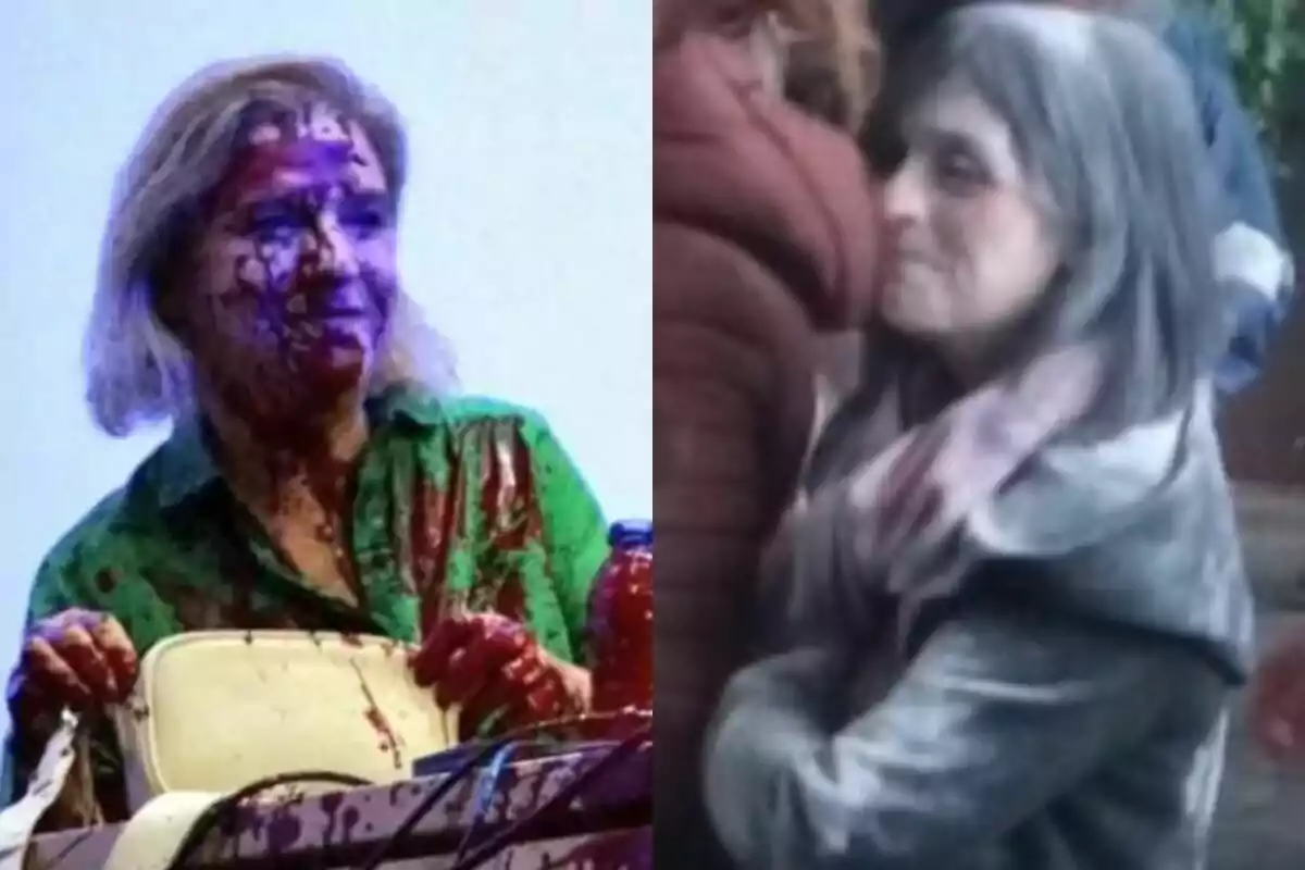 Dos imágenes de una mujer, en la primera está cubierta de pintura roja y morada, y en la segunda está de pie con una expresión neutral.