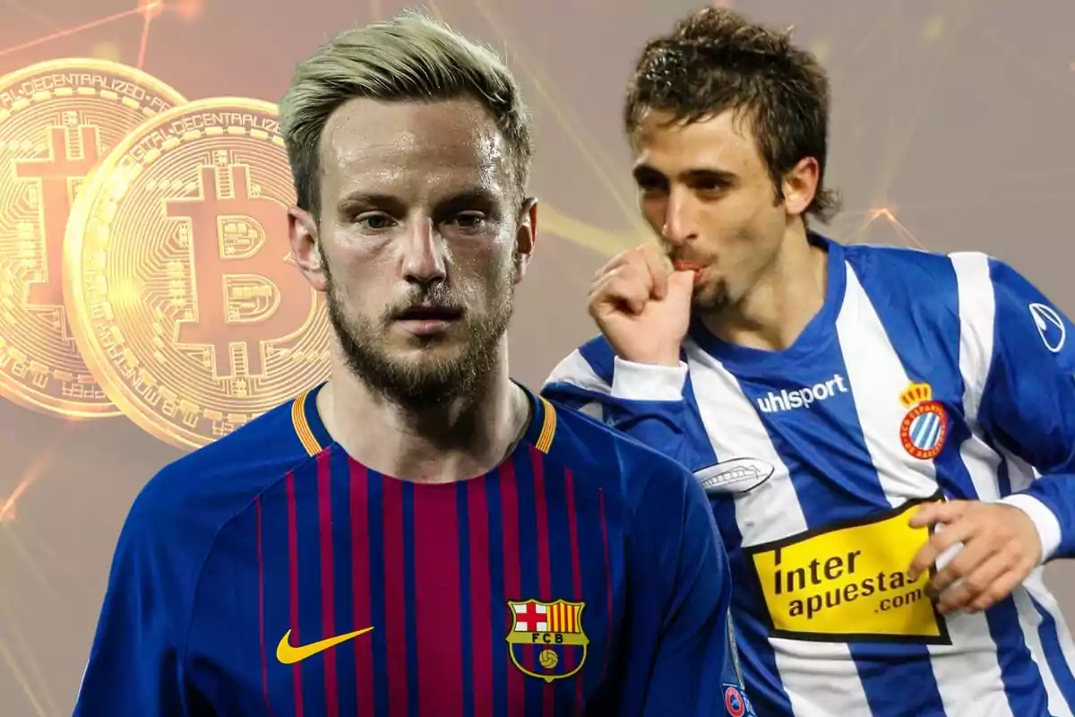 Dos futbolistas con uniformes de Barcelona y Espanyol aparecen al frente de un fondo con monedas de bitcoin.