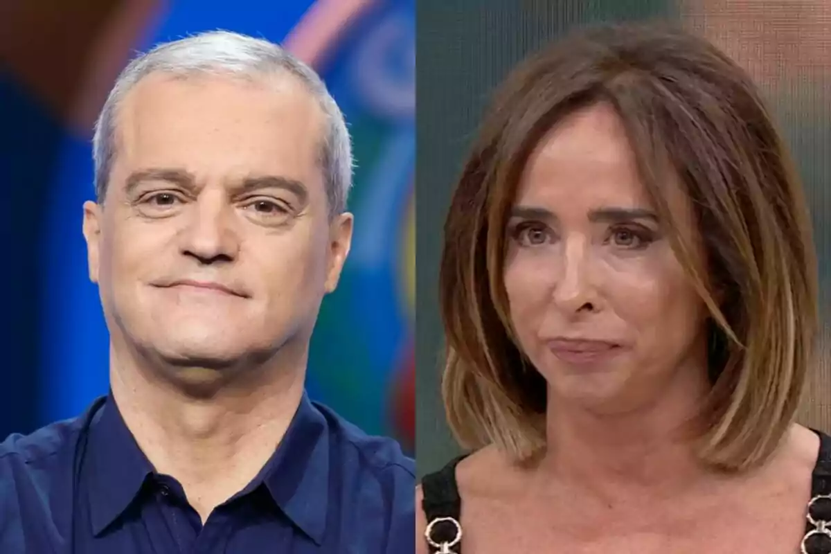 Dos personas en un montaje de fotos, Ramón García a la izquierda con cabello corto y canoso en El Grand Prix, y María Patiño a la derecha con cabello castaño y lacio en La Familia de la Tele.