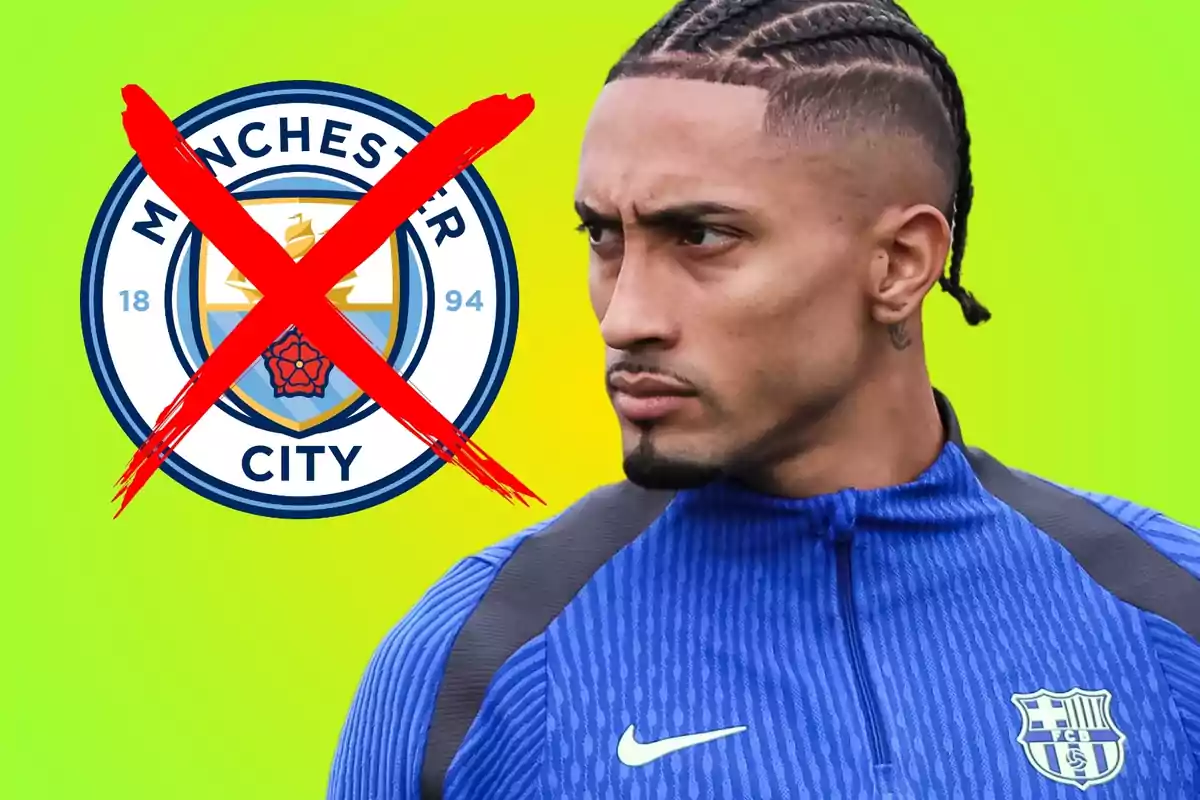 Un jugador de fútbol con una camiseta azul y un logotipo tachado en el fondo. Un jugador de fútbol con una camiseta azul y un logotipo tachado en el fondo.