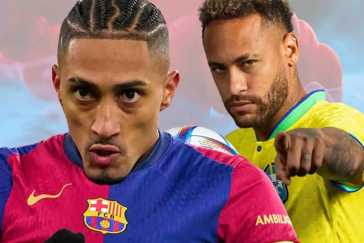 Dos futbolistas con camisetas de equipos diferentes, uno en primer plano con la camiseta del Barcelona y el otro al fondo señalando hacia adelante.