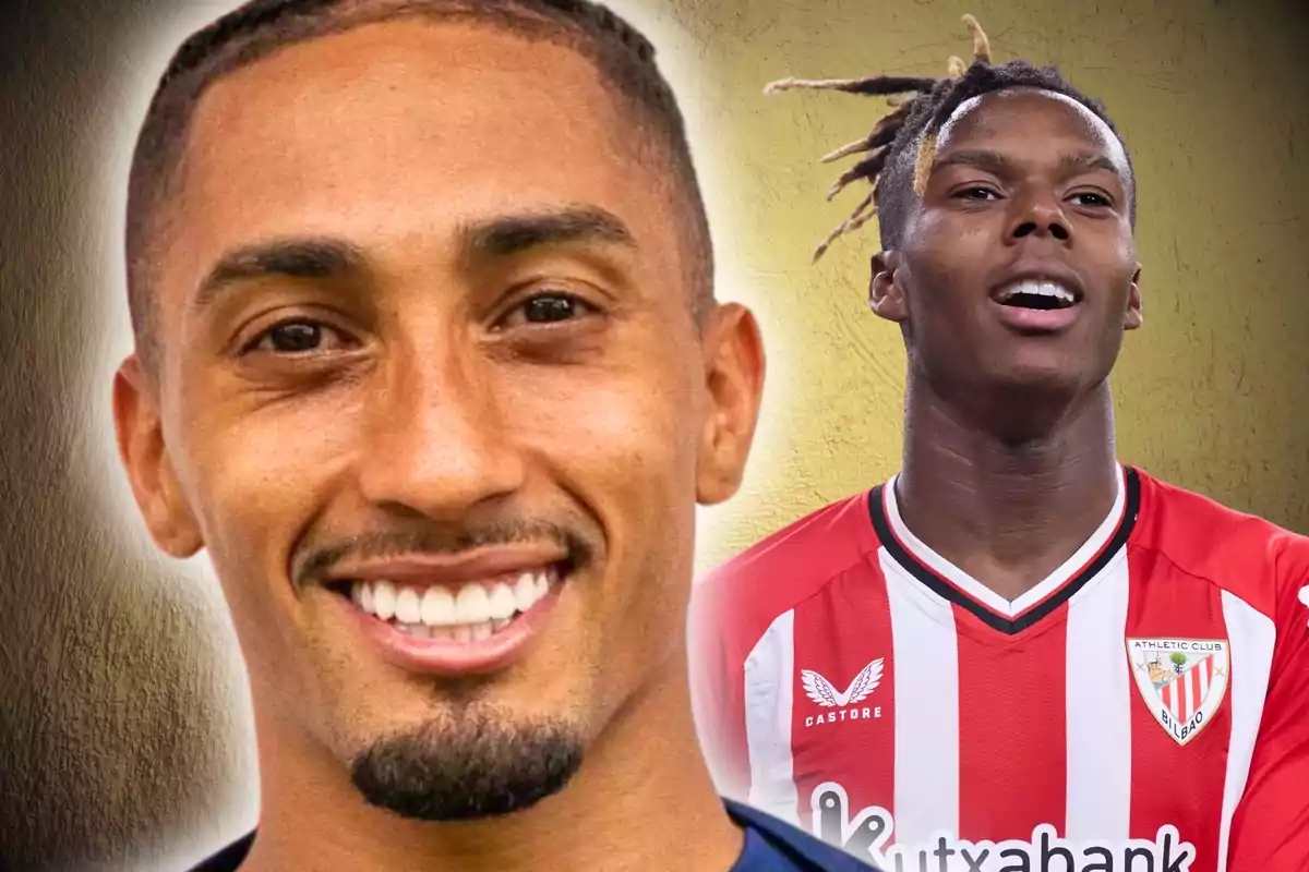 Dos jugadores de fútbol sonrientes, uno con camiseta azul y otro con camiseta roja y blanca del Athletic Club.