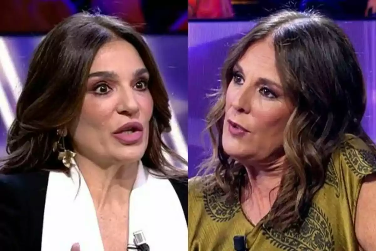 Raquel Bollo y Ángel Portero conversando en un programa de televisión, una lleva un atuendo blanco y negro y la otra un vestido dorado con detalles oscuros.