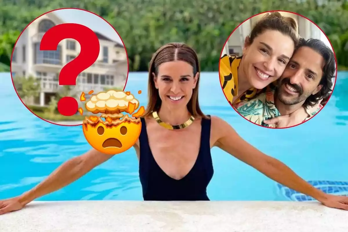 Raquel Sánchez Silva en una piscina con recortes de interrogante y su pareja, y un emoji de asombro