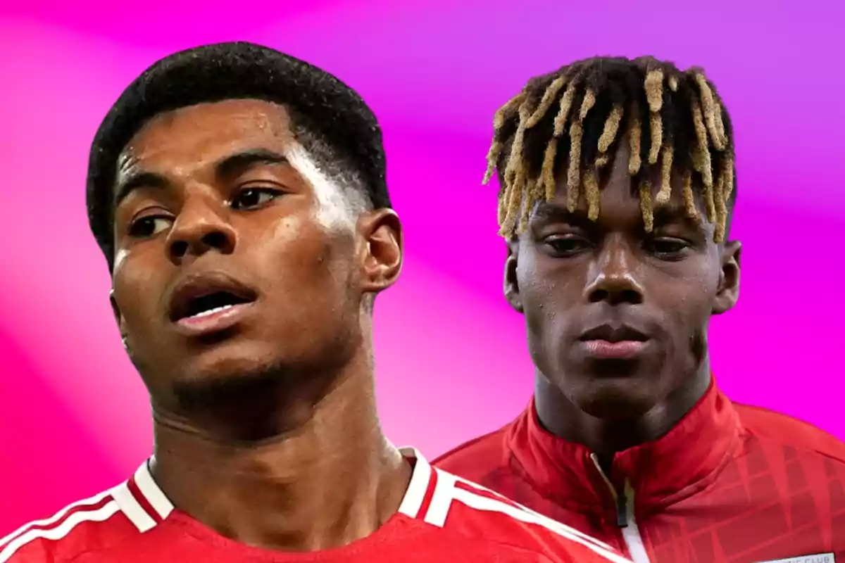 Dos futbolistas con uniforme rojo posan frente a un fondo degradado en tonos rosas y morados