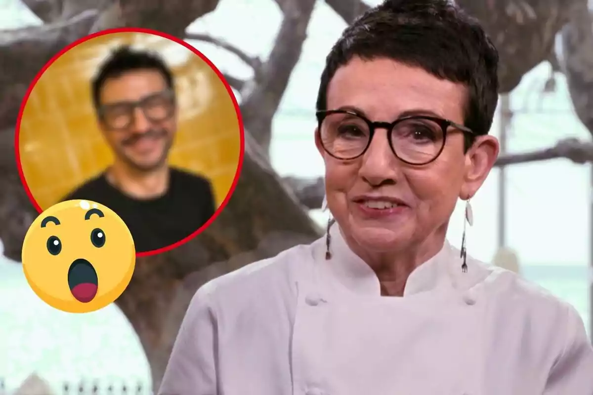 Una persona con gafas y uniforme de chef sonríe mientras en la esquina superior izquierda aparece un círculo rojo con la imagen borrosa de otra persona y un emoji sorprendido.