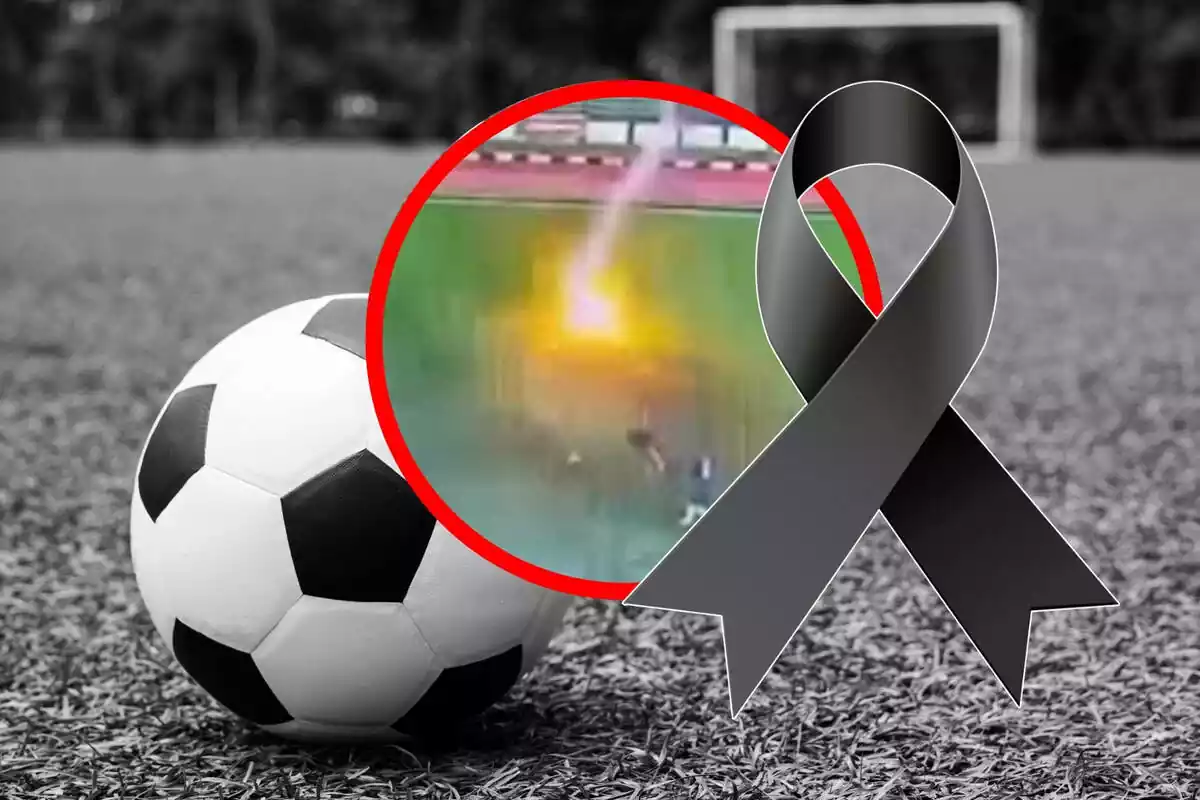 Imagen de una pelota de fútbol en blanco y negro con un lazo en forma de luto
