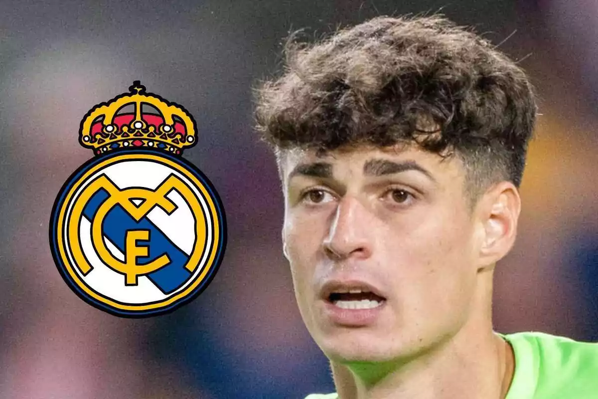 Montaje del escudo del Real Madrid con un Kepa Arrizabalaga sorprendido