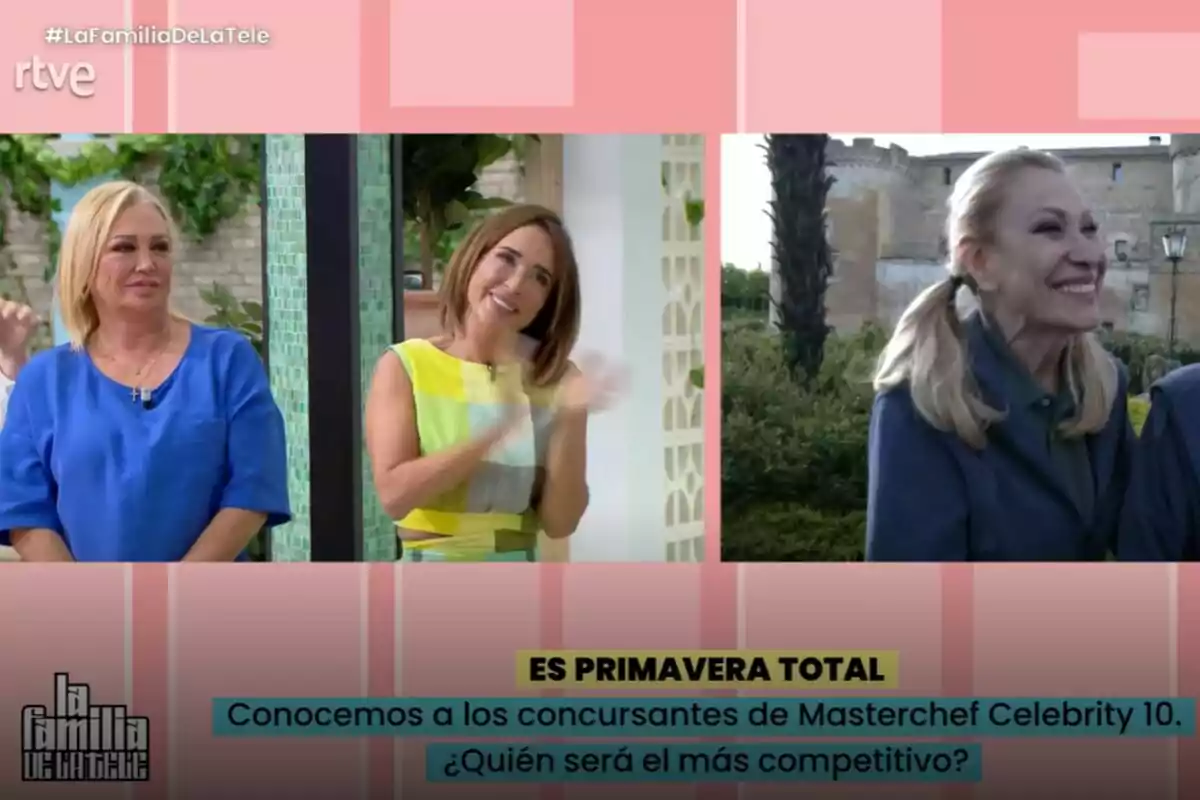 Belén Esteban, María Patiño y Rosa Benito sonríen en un programa de televisión, con gráficos que mencionan a los concursantes de Masterchef Celebrity 10 y la pregunta sobre quién será el más competitivo en La Familia de la Tele.