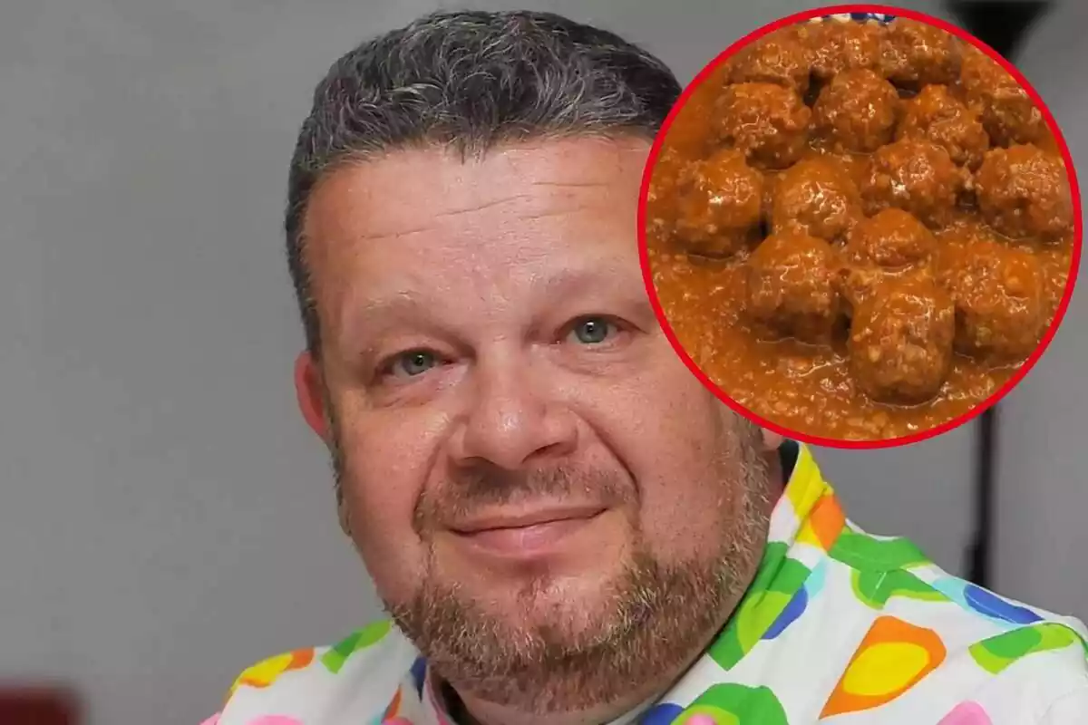 Montaje con la cara de Alberto Chicote y en un círculo sus albóndigas en salsa de tomate