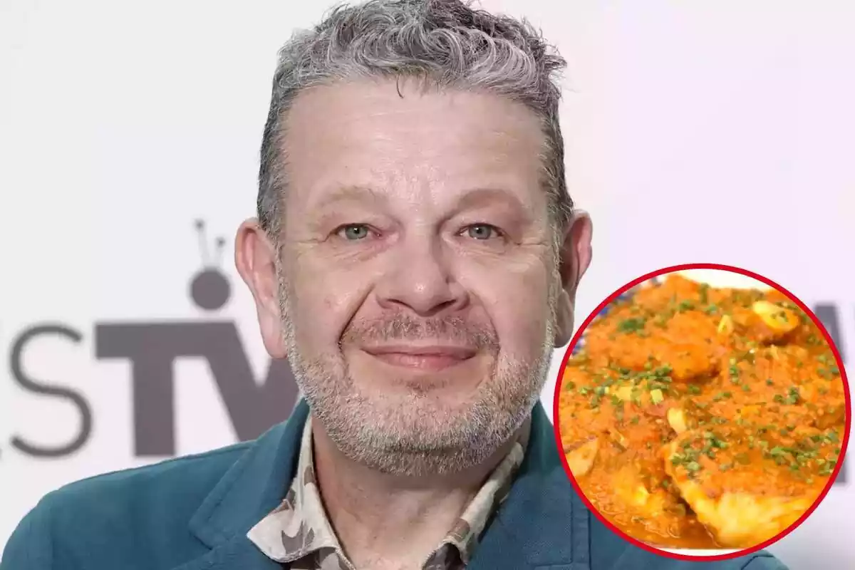 Montaje con cara sonriente de Alberto Chicote y en un círculo su bacalao con tomate