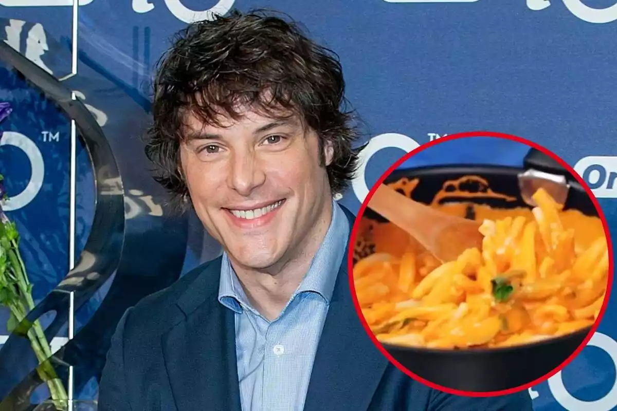 Montaje con cara sonriente del chef Jordi Cruz y en un círculo su plato de pasta cremosa