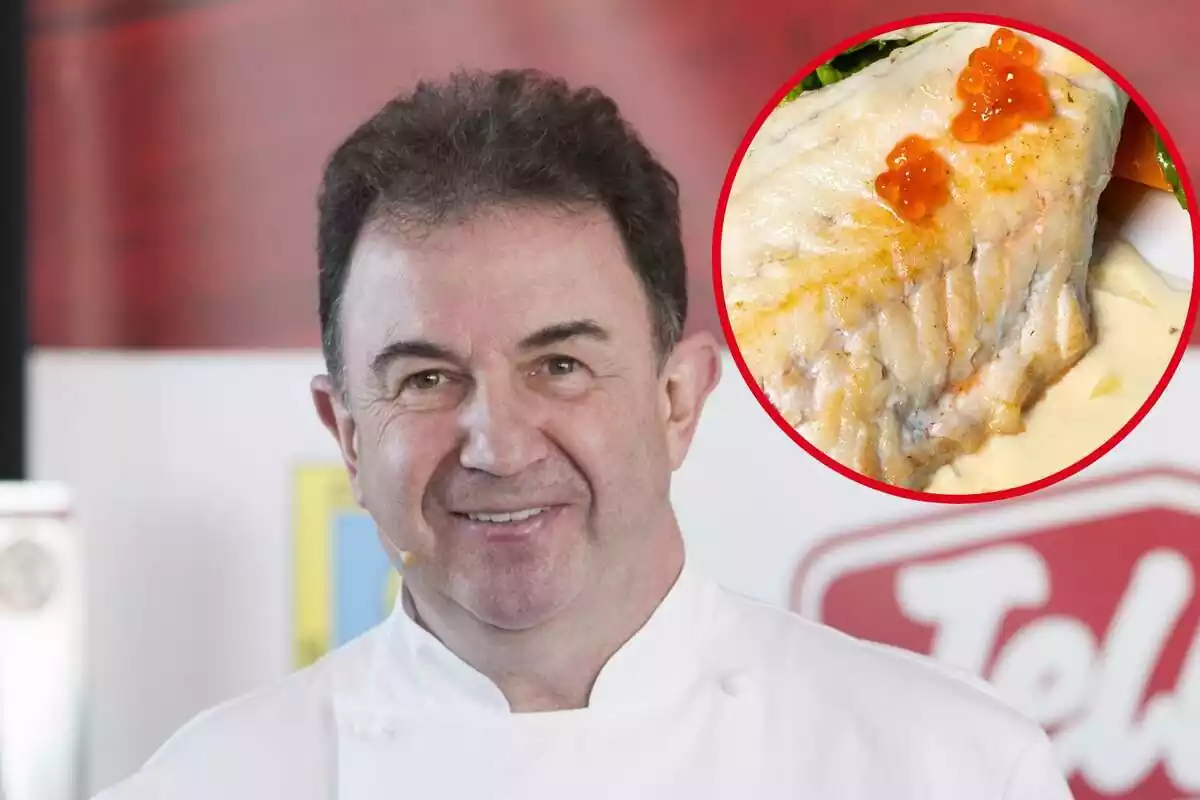 Montaje con cara sonriente del chef Martín Berasategui y en un círculo un plato de lubina