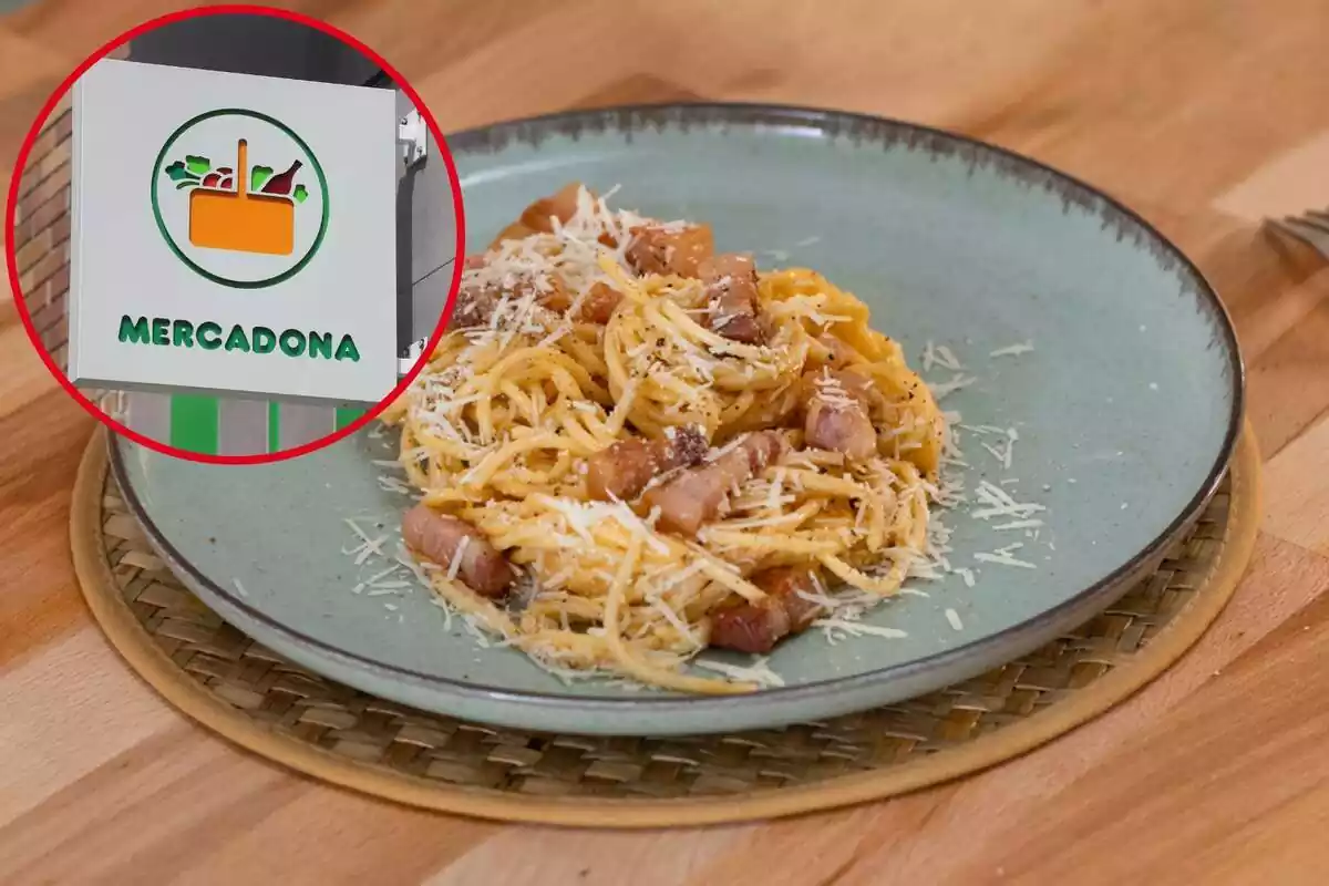 Montaje con un círculo con el logo de Mercadona y fotografía del plato de spaghetti a la carbonara de Mercadona