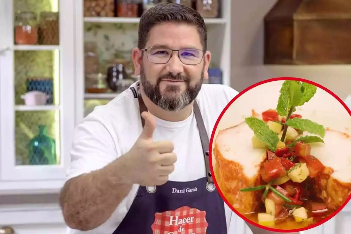 Montaje con la foto de Dani García levantando el dedo pulgar en el programa 'Hacer de comer' y en un círculo su rape alangostado