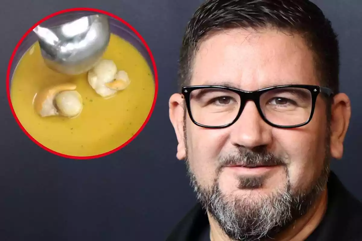 Imagen de fondo del chef Dani García en un photocall y otra de uno de sus platos, sopa de marisco