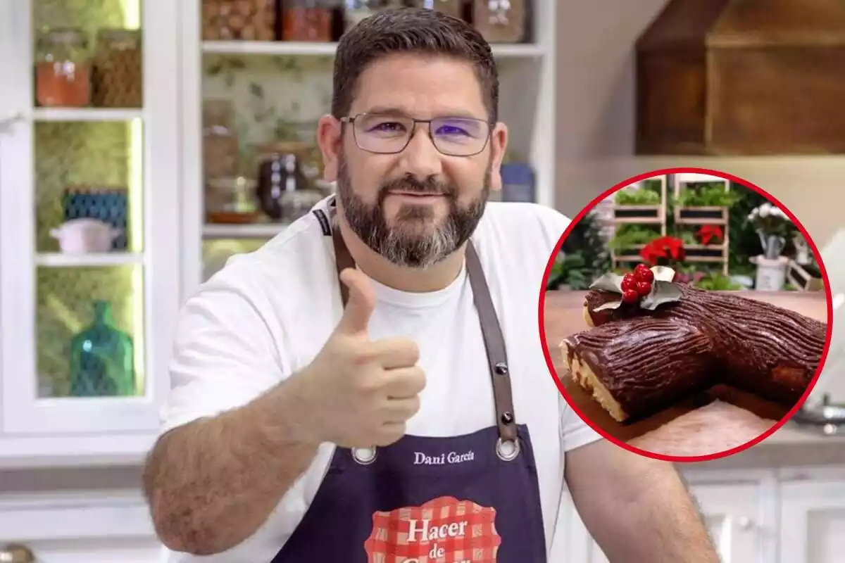 Montaje con la foto de Dani García sonriente y con el pulgar hacia arriba en el programa 'Hacer de comer' y en un círculo su tronco de Navidad