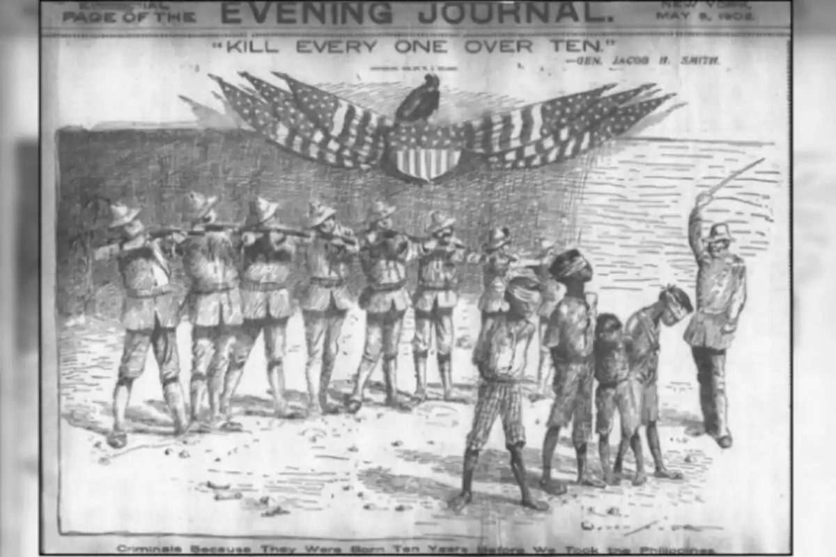 Una ilustración de un periódico antiguo muestra a soldados apuntando con rifles a un grupo de personas con los ojos vendados, con una bandera estadounidense y un águila en el fondo. Una ilustración de un periódico antiguo muestra a soldados apuntando con rifles a un grupo de personas con los ojos vendados, con una bandera estadounidense y un águila en el fondo.