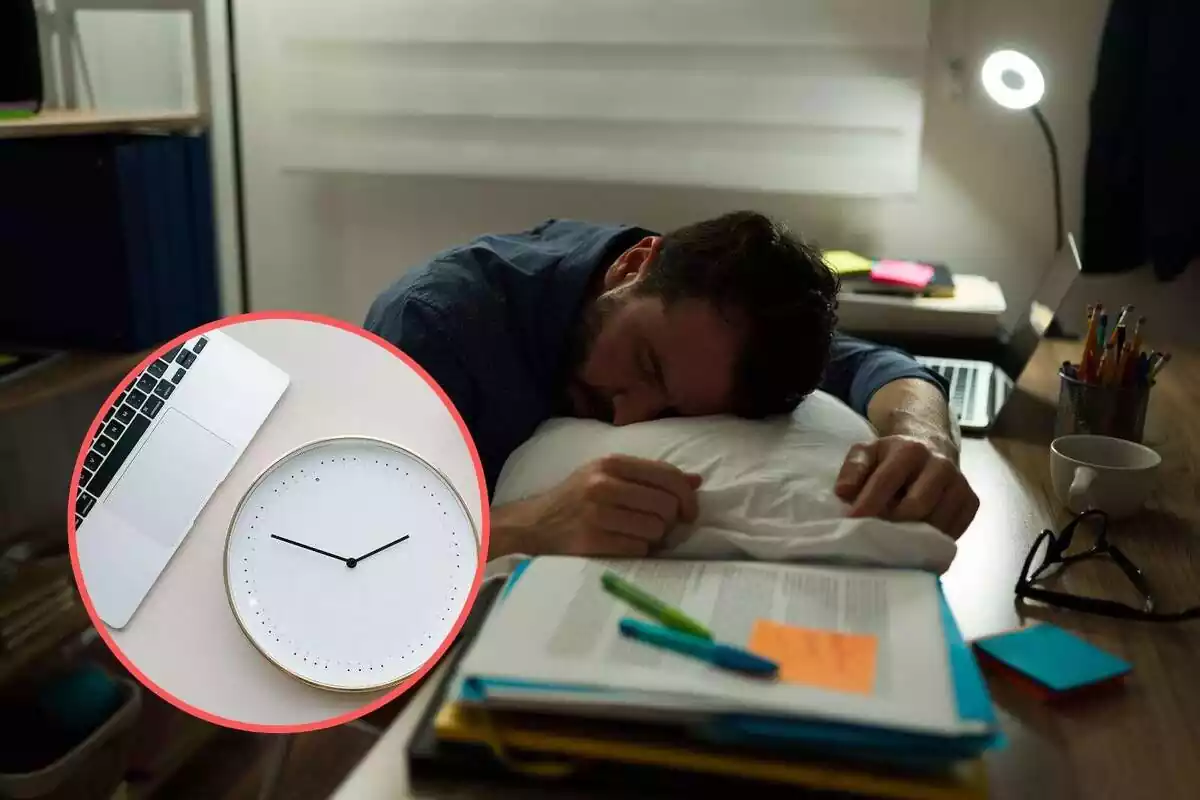 Montaje con persona durmiendo en escritorio y al lado un reloj Montaje con persona durmiendo en escritorio y al lado un reloj
