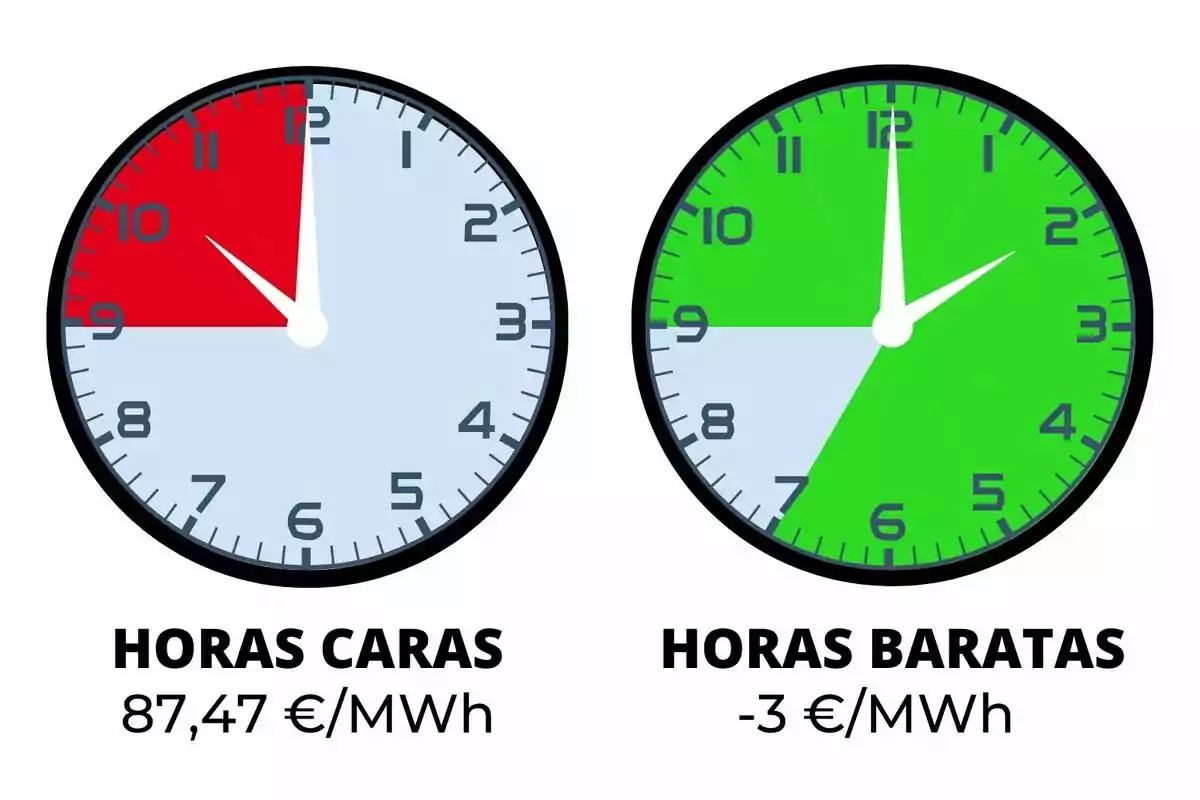 Dos relojes comparan el precio de la electricidad, el de la izquierda muestra en rojo las horas caras y el de la derecha en verde las horas baratas, con los valores 87,47 €/MWh y -3 €/MWh respectivamente.