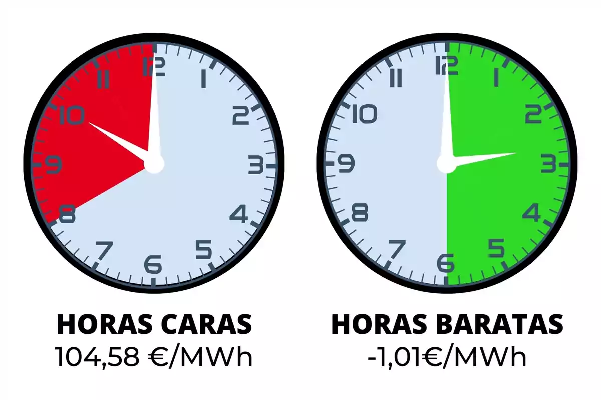 La imagen muestra dos relojes, uno con una sección roja indicando "HORAS CARAS" con un costo de 104,58 €/MWh y otro con una sección verde indicando "HORAS BARATAS" con un costo de -1,01 €/MWh.