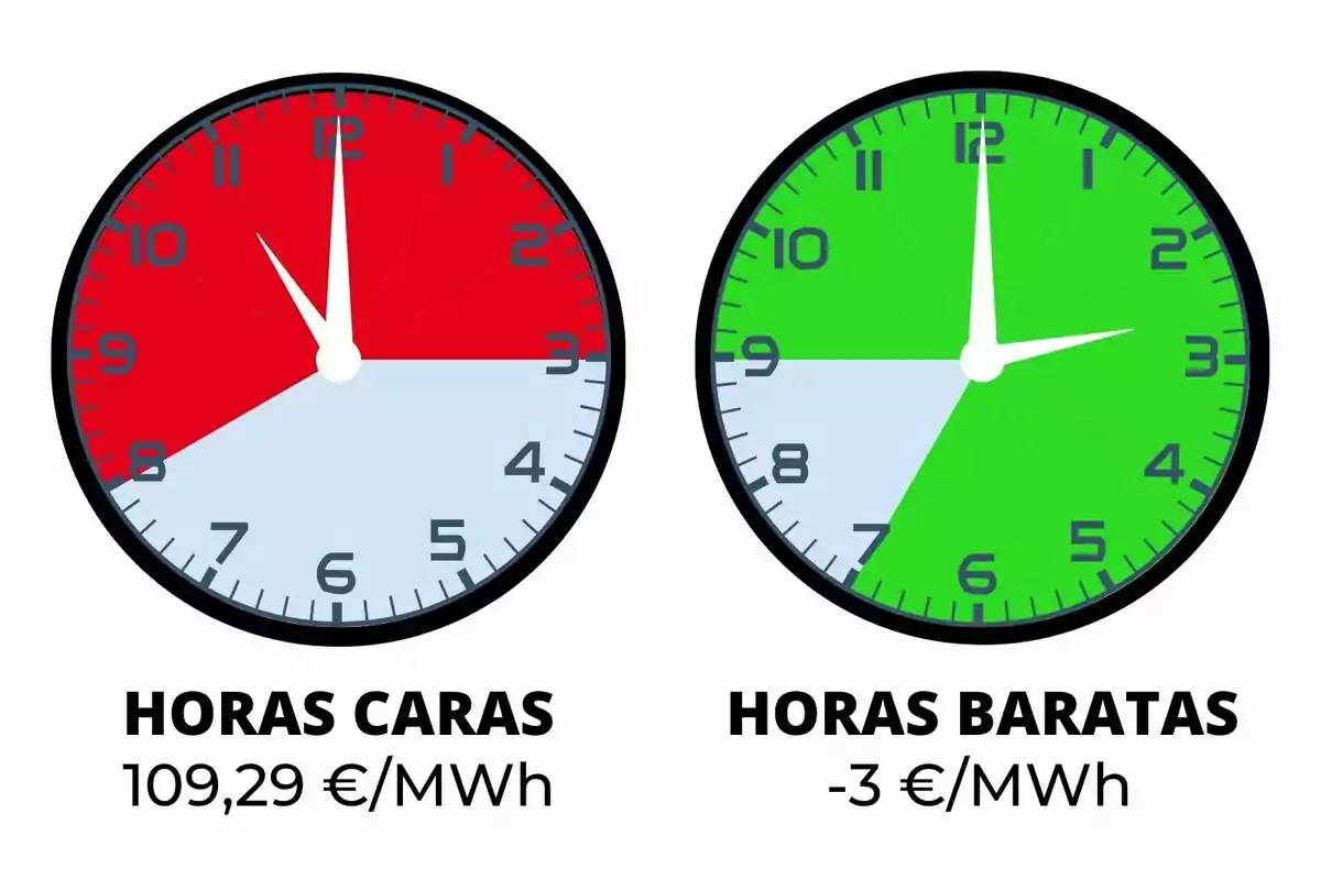 Dos relojes muestran en colores las horas con precios altos y bajos de la electricidad, el primero en rojo indica horas caras y el segundo en verde indica horas baratas, acompañados de los precios correspondientes en euros por megavatio hora.