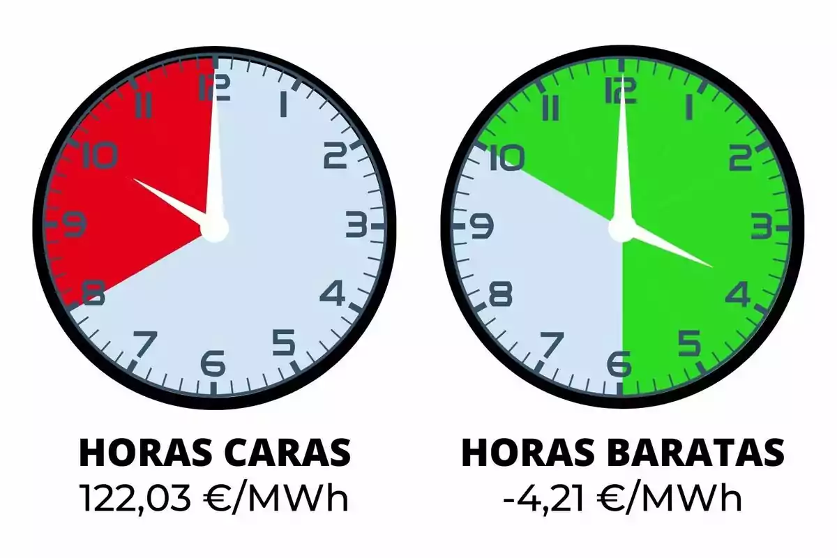 Dos relojes muestran las horas caras y baratas de energía, el primero tiene un fondo rojo indicando un costo de 122,03 €/MWh y el segundo un fondo verde indicando un costo de -4,21 €/MWh.