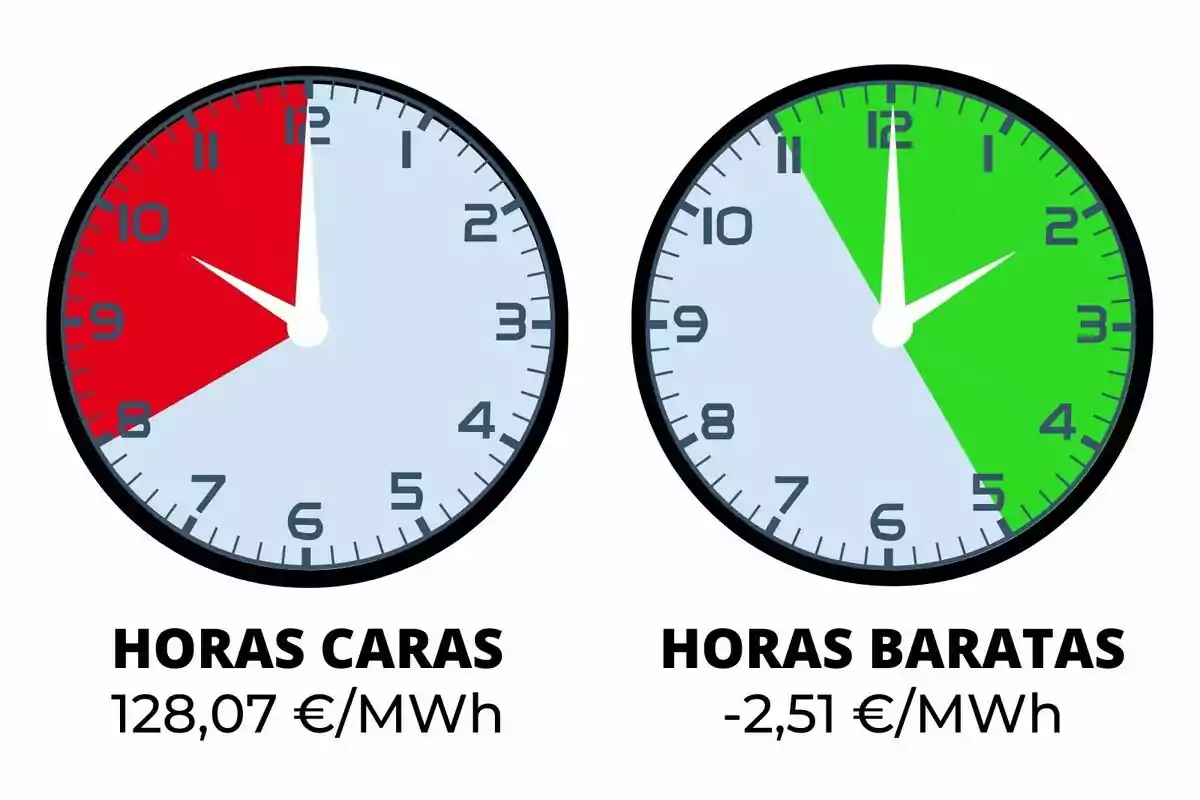 Dos relojes muestran las horas caras y baratas de la electricidad, con precios de 128,07 €/MWh y -2,51 €/MWh respectivamente.