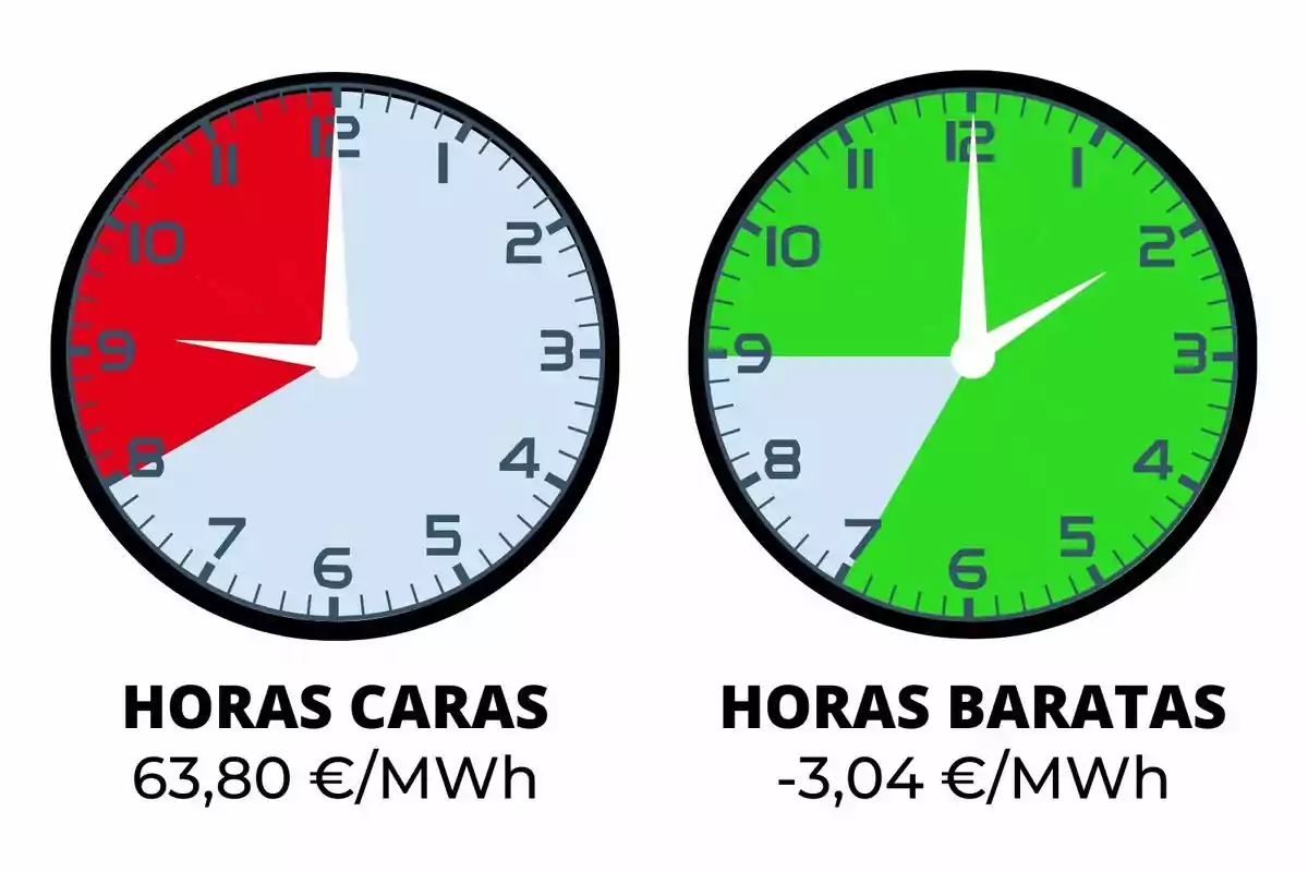 Dos relojes muestran diferentes tarifas de energía: el de la izquierda indica "Horas Caras" con un costo de 63,80 €/MWh y un segmento rojo de 8 a 11, mientras que el de la derecha muestra "Horas Baratas" con un costo de -3,04 €/MWh y un segmento verde de 11 a 7.