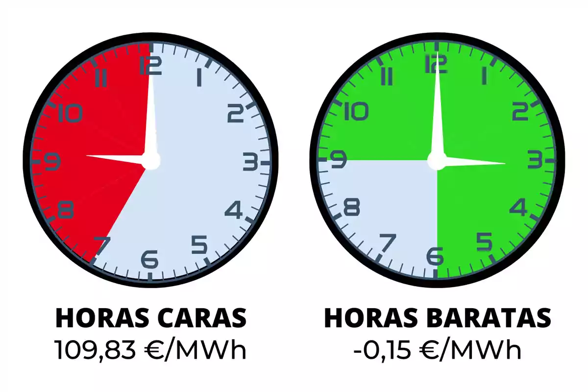 La imagen muestra dos relojes. El reloj de la izquierda tiene una sección roja que indica "HORAS CARAS" con un costo de 109,83 €/MWh. El reloj de la derecha tiene una sección verde que indica "HORAS BARATAS" con un costo de -0,15 €/MWh.