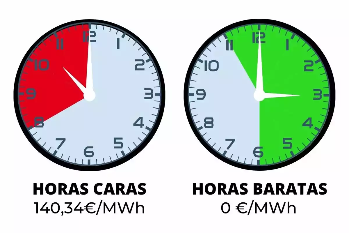 Dos relojes muestran diferentes franjas horarias, uno con una sección roja indicando horas caras de electricidad y otro con una sección verde indicando horas baratas, acompañados de los precios correspondientes por megavatio hora.