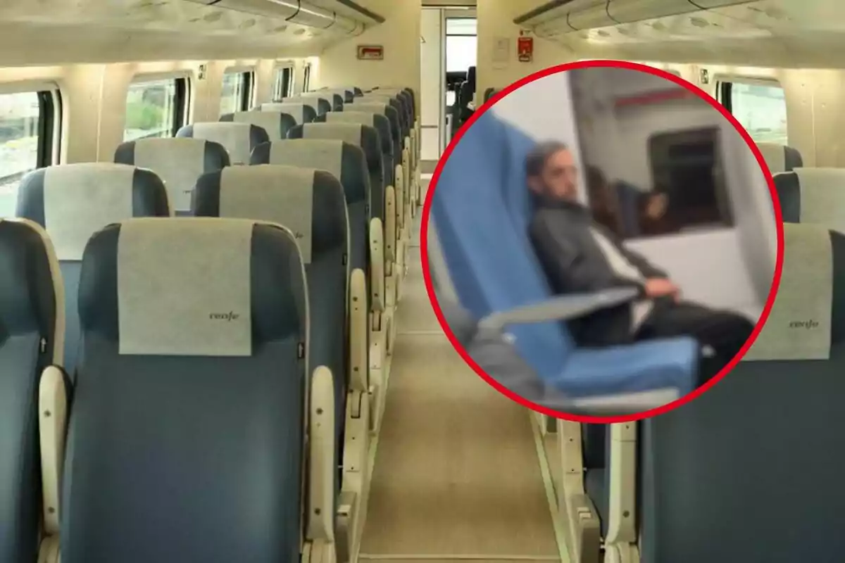 Interior de un tren vacío con un enfoque en un hombre sentado en un asiento azul.