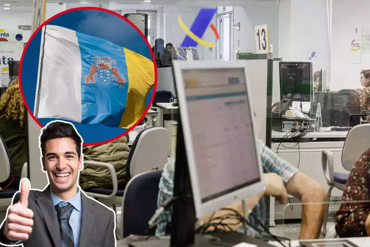 Imagen de fondo de una oficina de Hacienda durante la Campaña de la Renta y otra imagen de una bandera de Canarias y una última de un hombre con gesto de aprobación