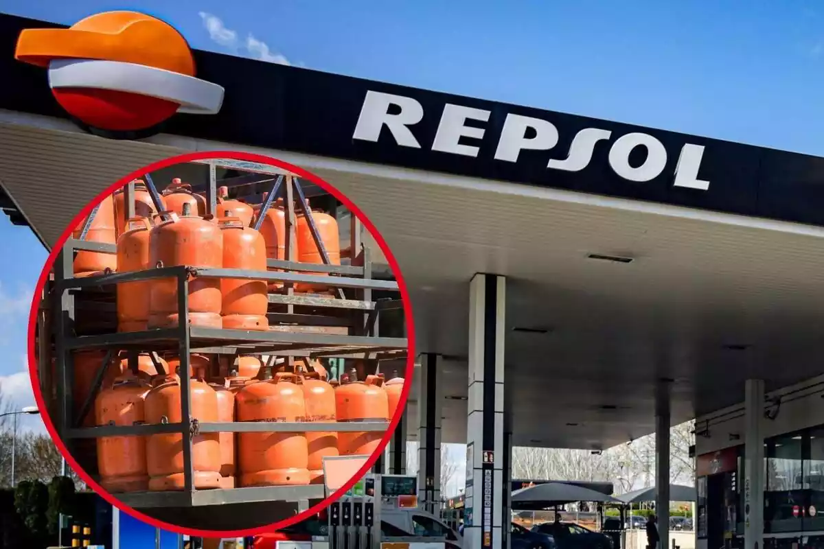 Imagen de fondo de una gasolinera Repsol y otra imagen de varias bombonas de butano amontonadas
