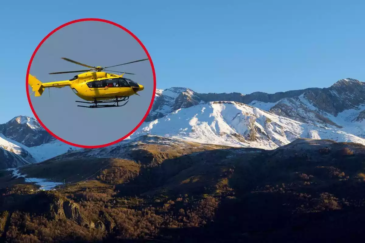 Una montaña con nieve de fondo, y en el círculo, un helicóptero.