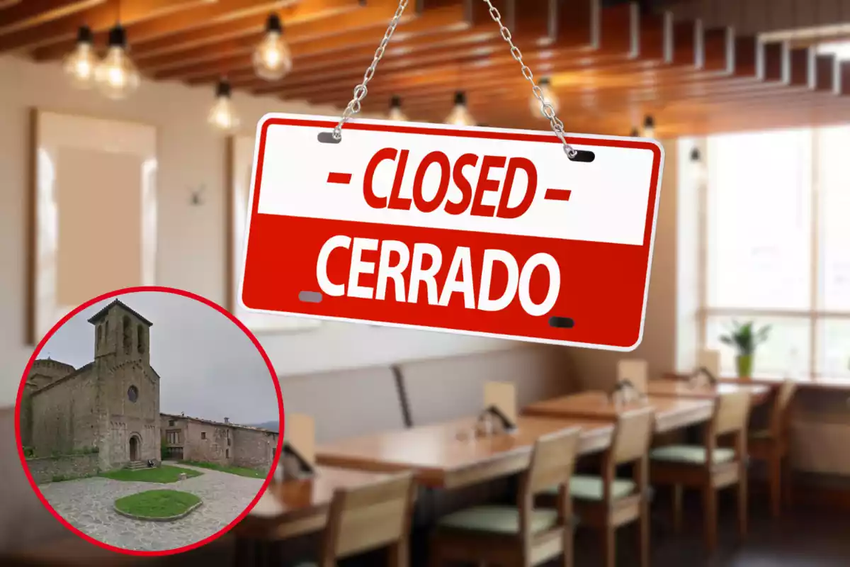 Montaje restaurante difuminado con cartel de 'Cerrado' y círculo con iglesia románica de San Jaime de Frontanyá