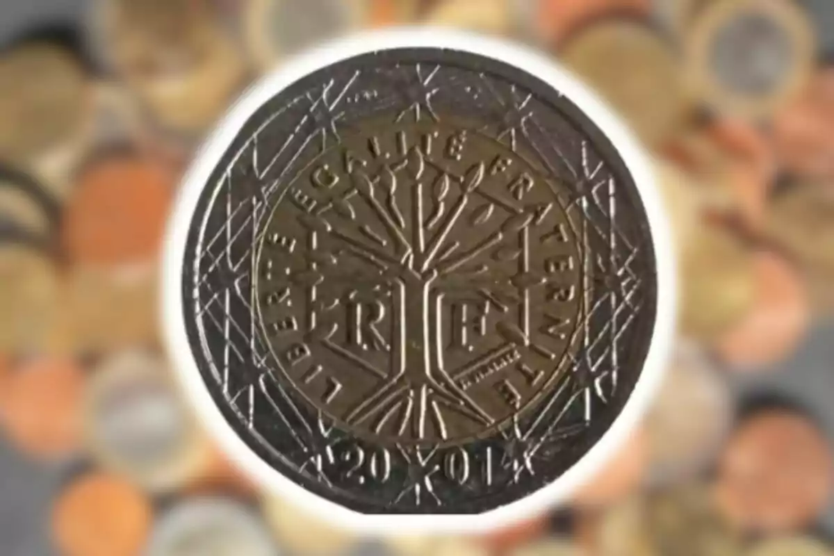 Montaje de fotos de una moneda de dos euros acuñada en Francia en el año 2001 y, de fondo, un plano general de monedas Montaje de fotos de una moneda de dos euros acuñada en Francia en el año 2001 y, de fondo, un plano general de monedas