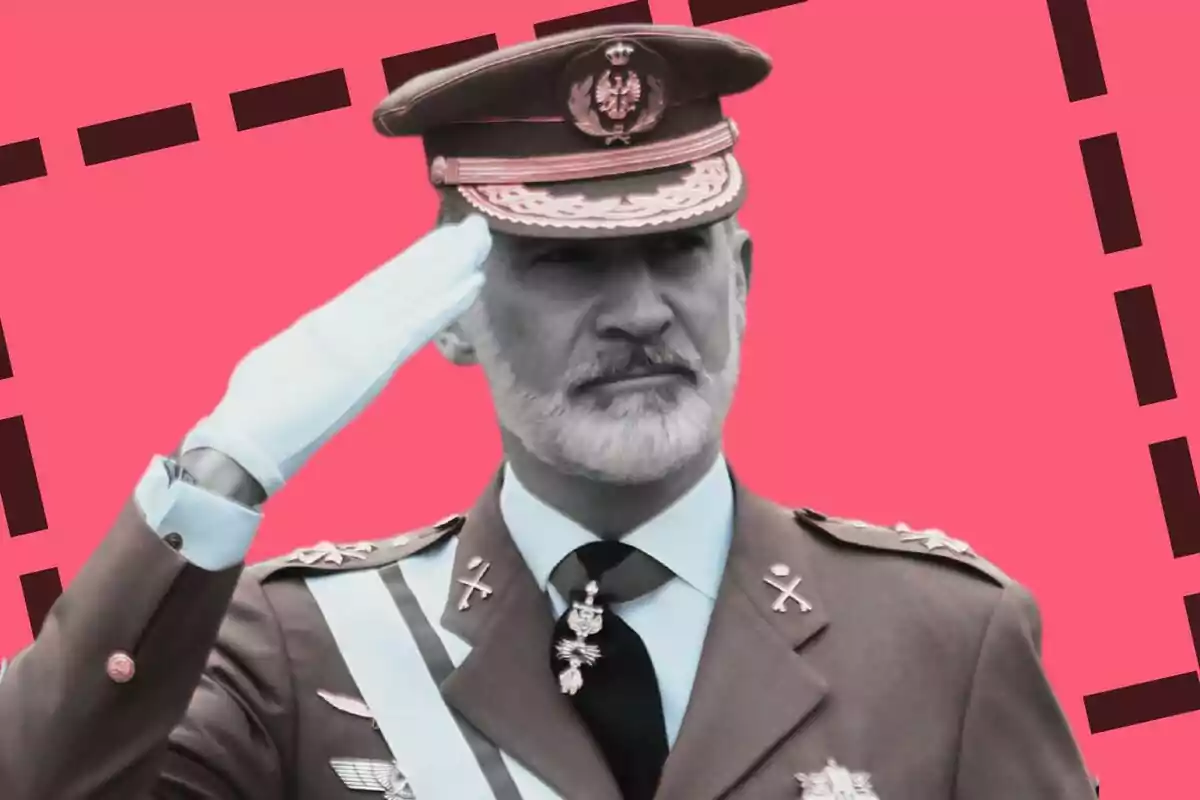 Rey Felipe VI con uniforme militar saludando con la mano derecha en un fondo rosa con líneas negras.