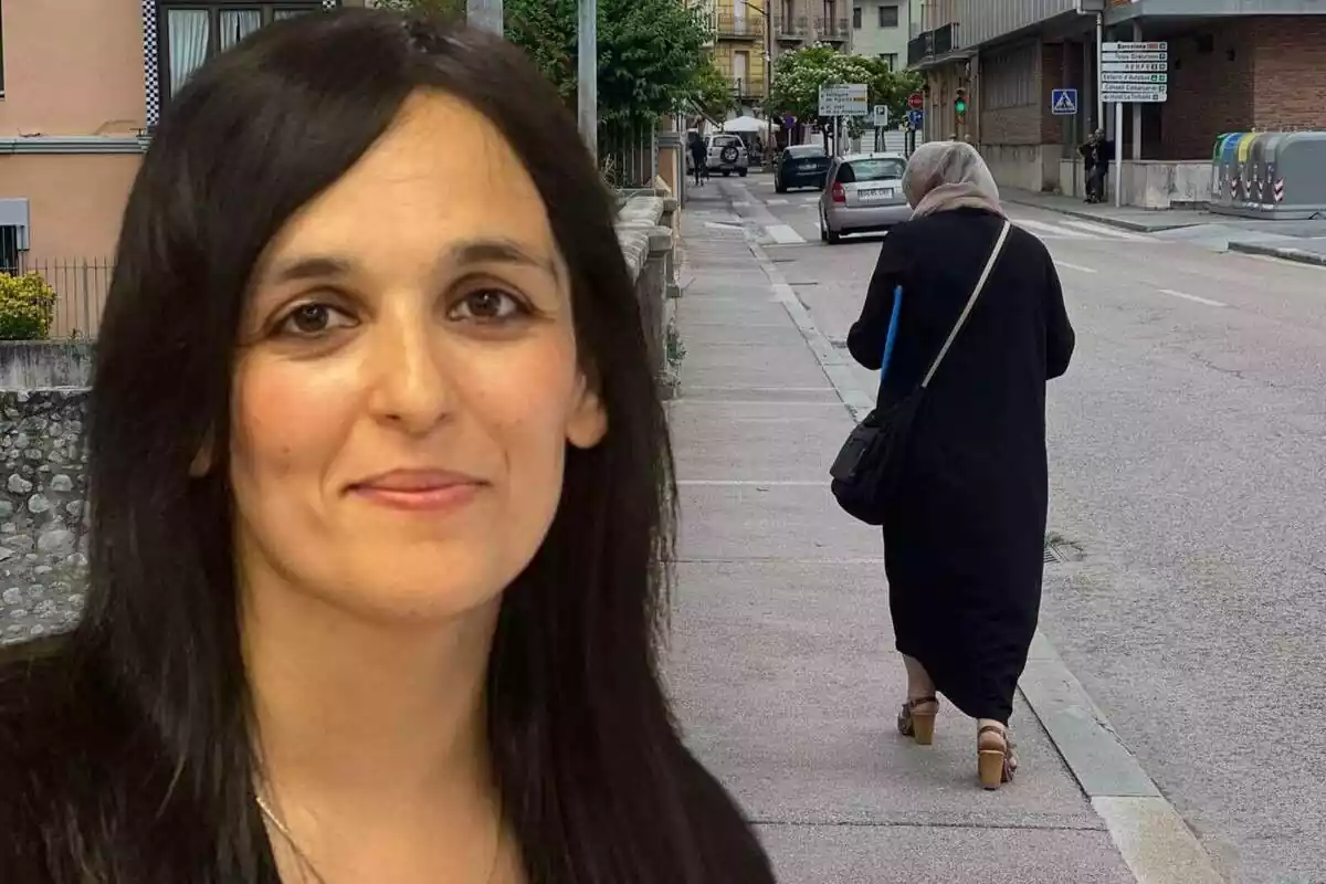 Montaje con un primer plano de Sílvia Orriols y la foto de una calle de Ripoll con una mujer musulmana de espaldas de fondo