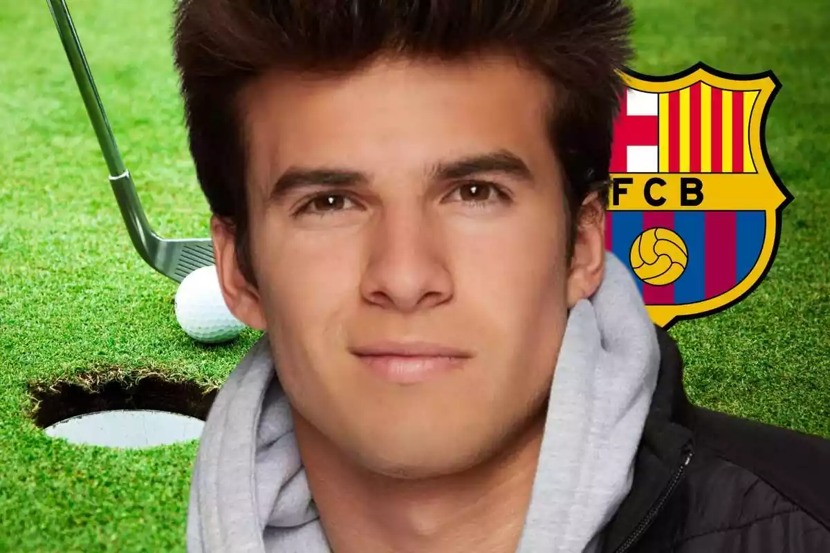 Riqui Puig en primer plano posando con el escudo del FC Barcelona a un lado y un campo de golf de fondo