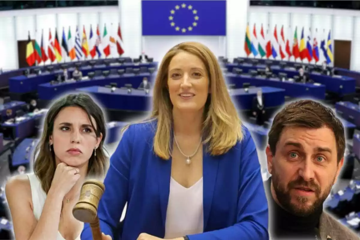 Tres personas en un parlamento europeo con banderas de varios países en el fondo.