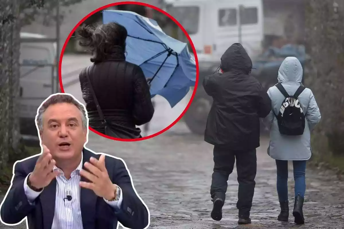 Imagen de fondo de dos personas paseando por una calle del municipio de Pedrafita do Cebreiro, otra imagen de una mujer con un paraguas y otra de Roberto Brasero en primer plano