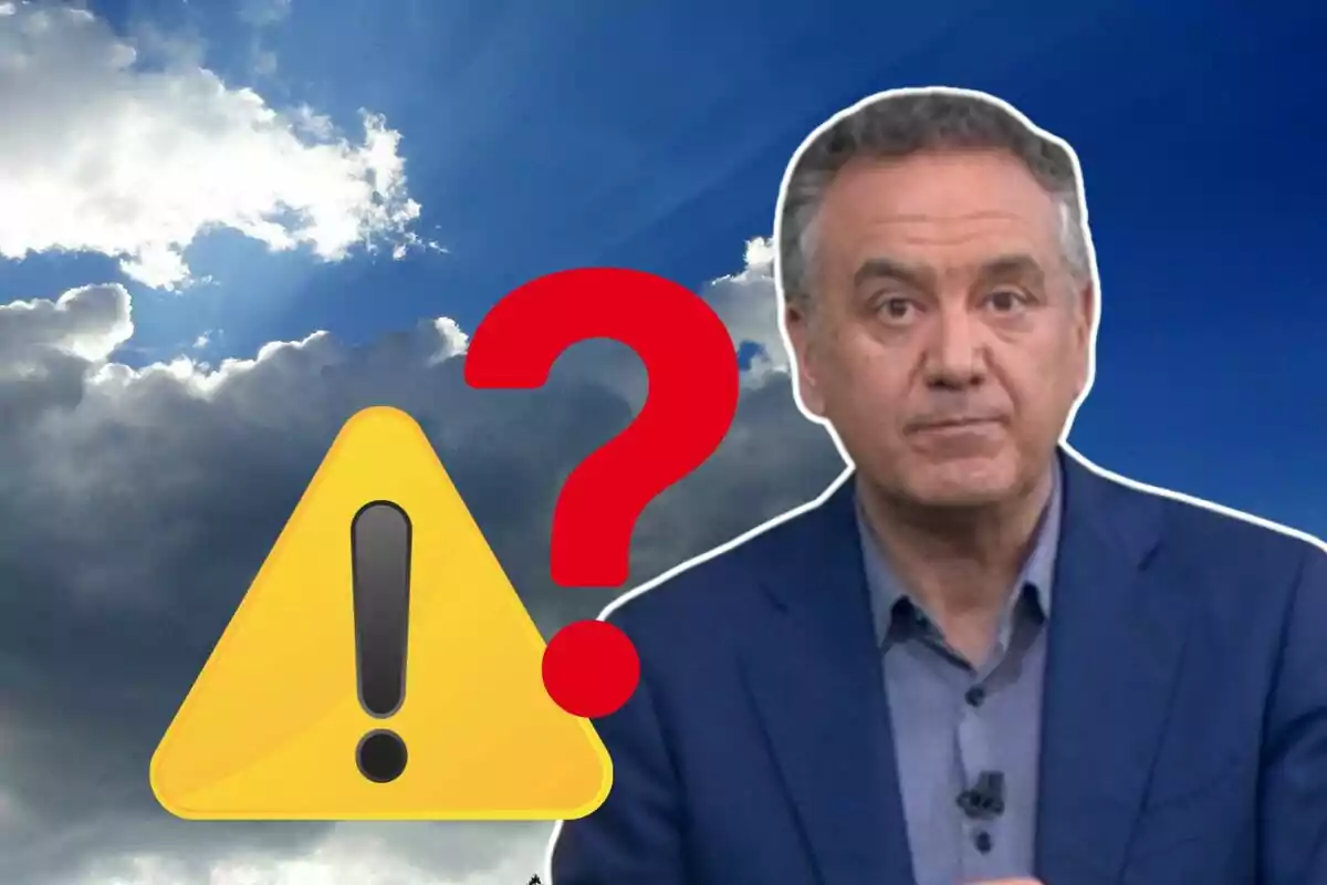 Hombre de traje azul con expresión seria frente a un cielo nublado acompañado de un signo de advertencia amarillo y un signo de interrogación rojo Hombre de traje azul con expresión seria frente a un cielo nublado acompañado de un signo de advertencia amarillo y un signo de interrogación rojo