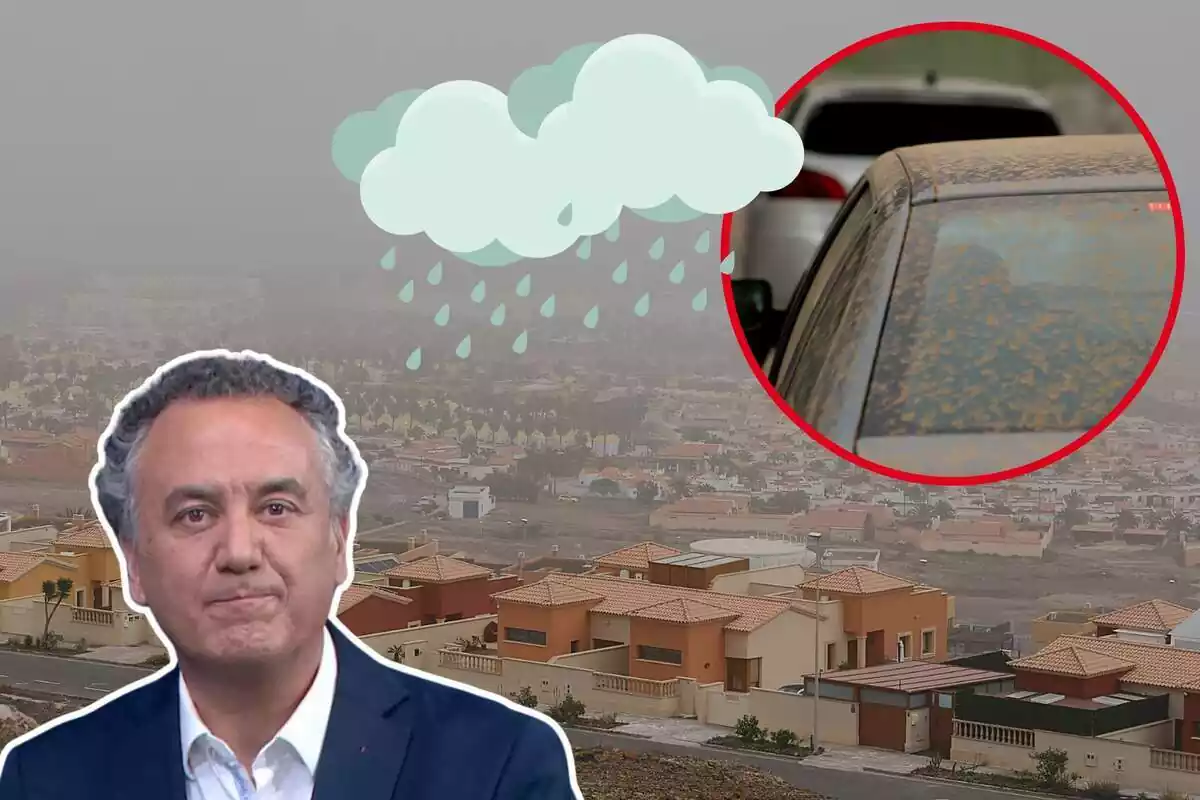 Imagen de fondo de la calima visible en el Puerto del Rosario, a 13 de febrero de 2023, en Fuerteventura, junto a otra de un vehículo manchado por polvo en suspensión en Madrid a 15 de marzo de 2022 y otra imagen de Roberto Brasero en primer plano. También unos emoticonos de nubes con lluvia