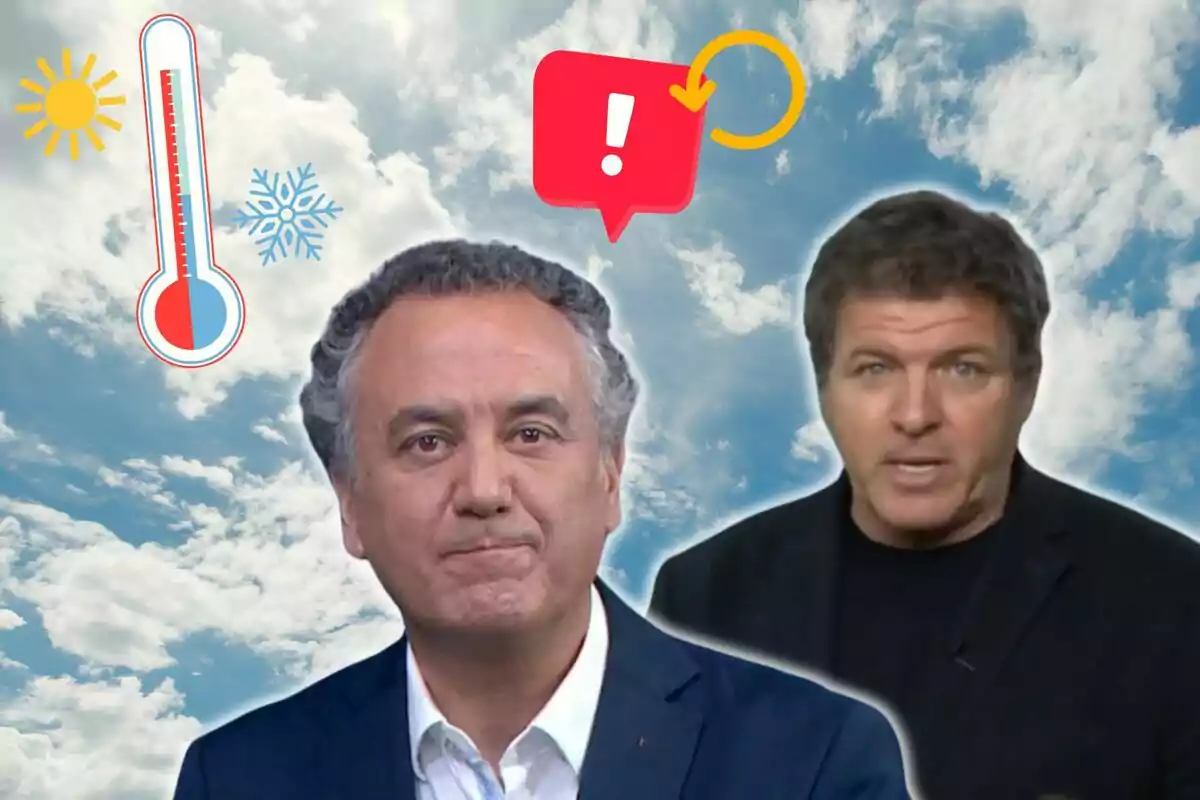 Roberto Brasero y Mario Picazo con fondo de cielo y símbolos de clima.