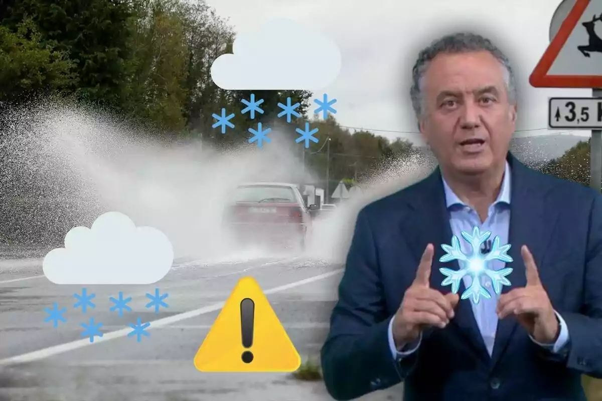 Un hombre en traje señala mientras un coche salpica agua en una carretera mojada con iconos de clima invernal y una señal de advertencia.