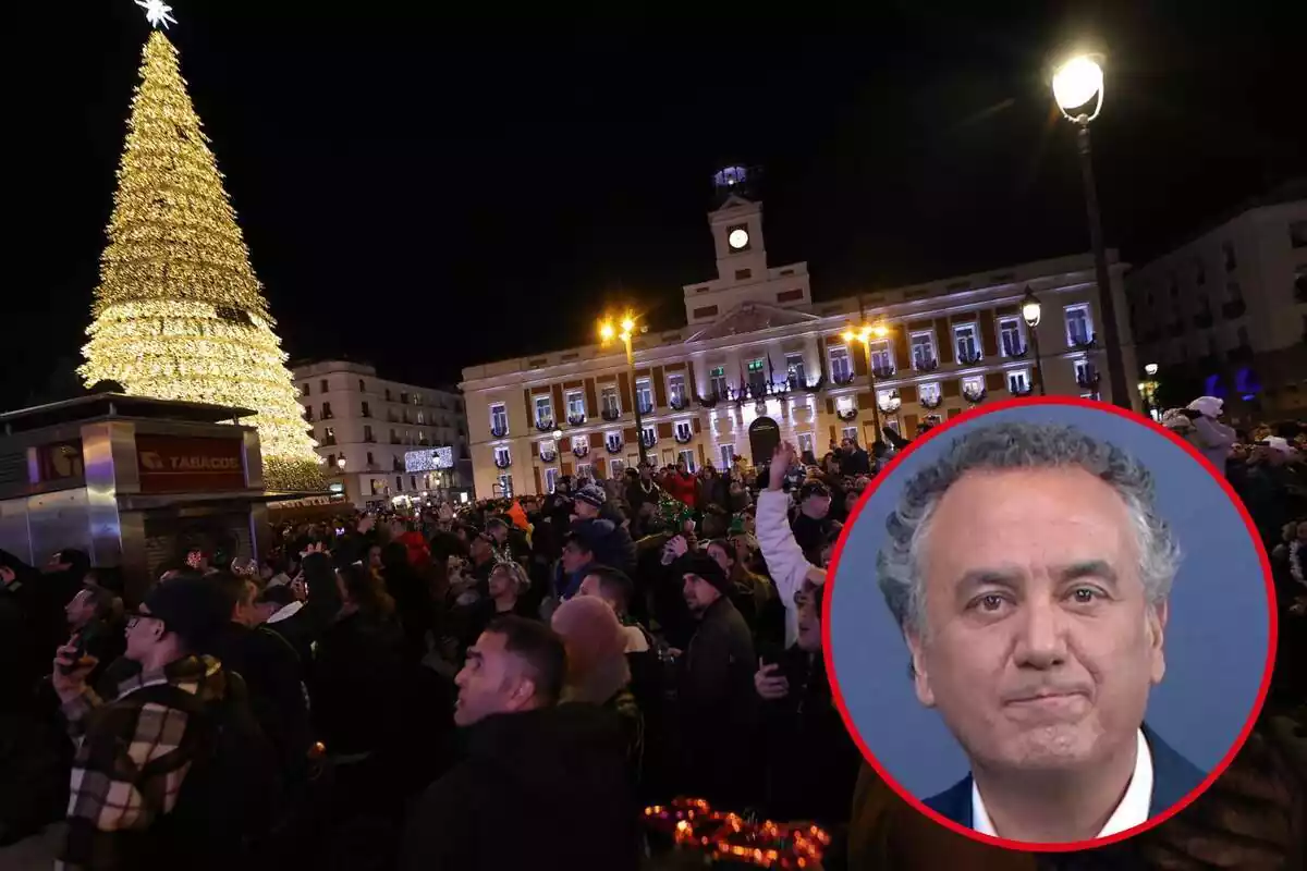 Imagen de fondo de la Puerta del Sol la Nochevieja de 2022 y otra de Roberto Brasero en primer plano