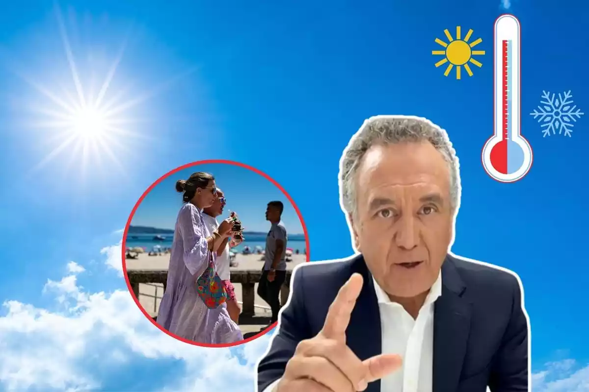 Imagen de fondo de un cielo azul con el sol, junto a un primer plano de Roberto Brasero y otra imagen de unas personas paseando por la playa, además de un emoticono de un termómetro marcando frío y calor Imagen de fondo de un cielo azul con el sol, junto a un primer plano de Roberto Brasero y otra imagen de unas personas paseando por la playa, además de un emoticono de un termómetro marcando frío y calor